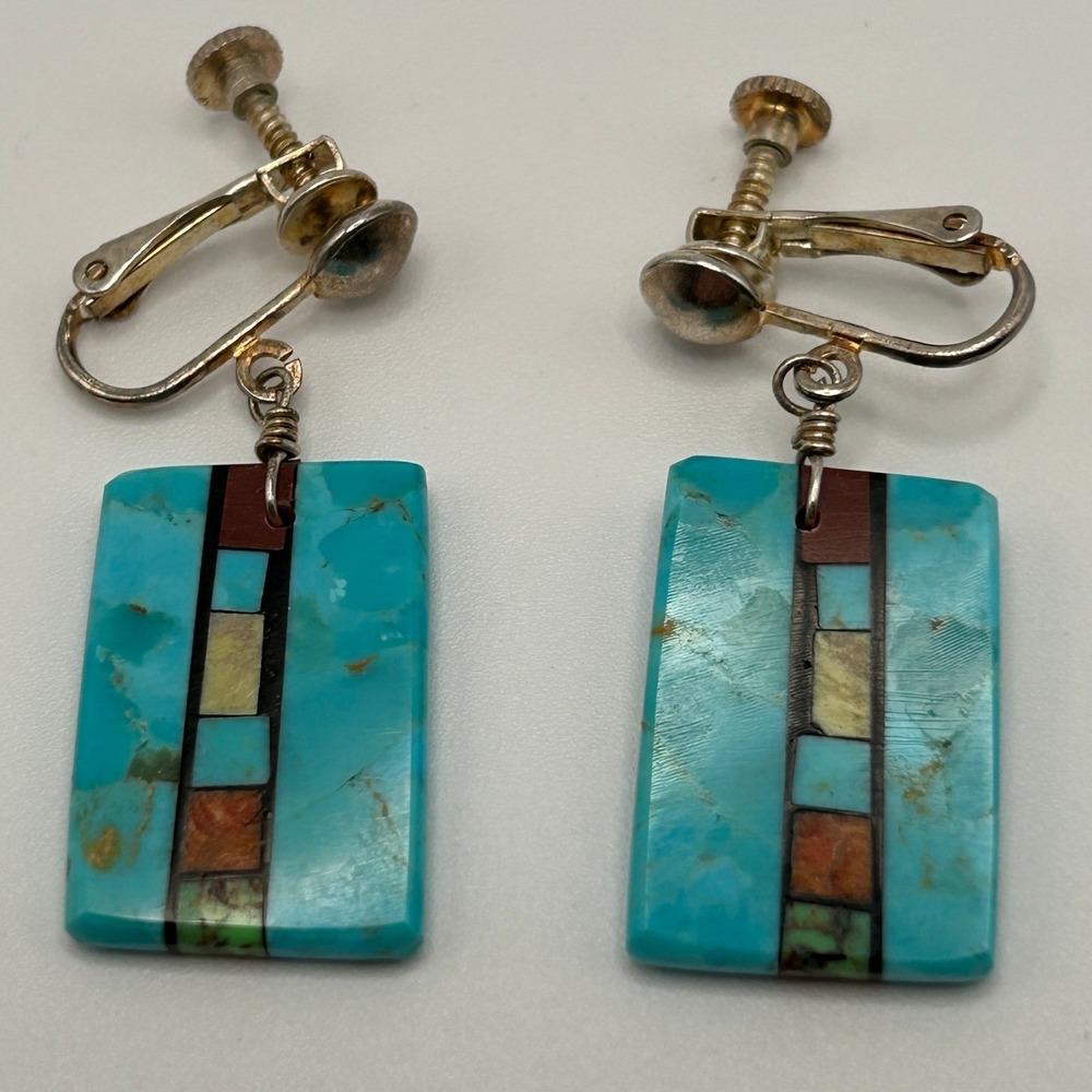 Mary Tafoya Santo Domingo Kewa Pueblo Turquoise Mosaic Inlay Screw Back Earrings